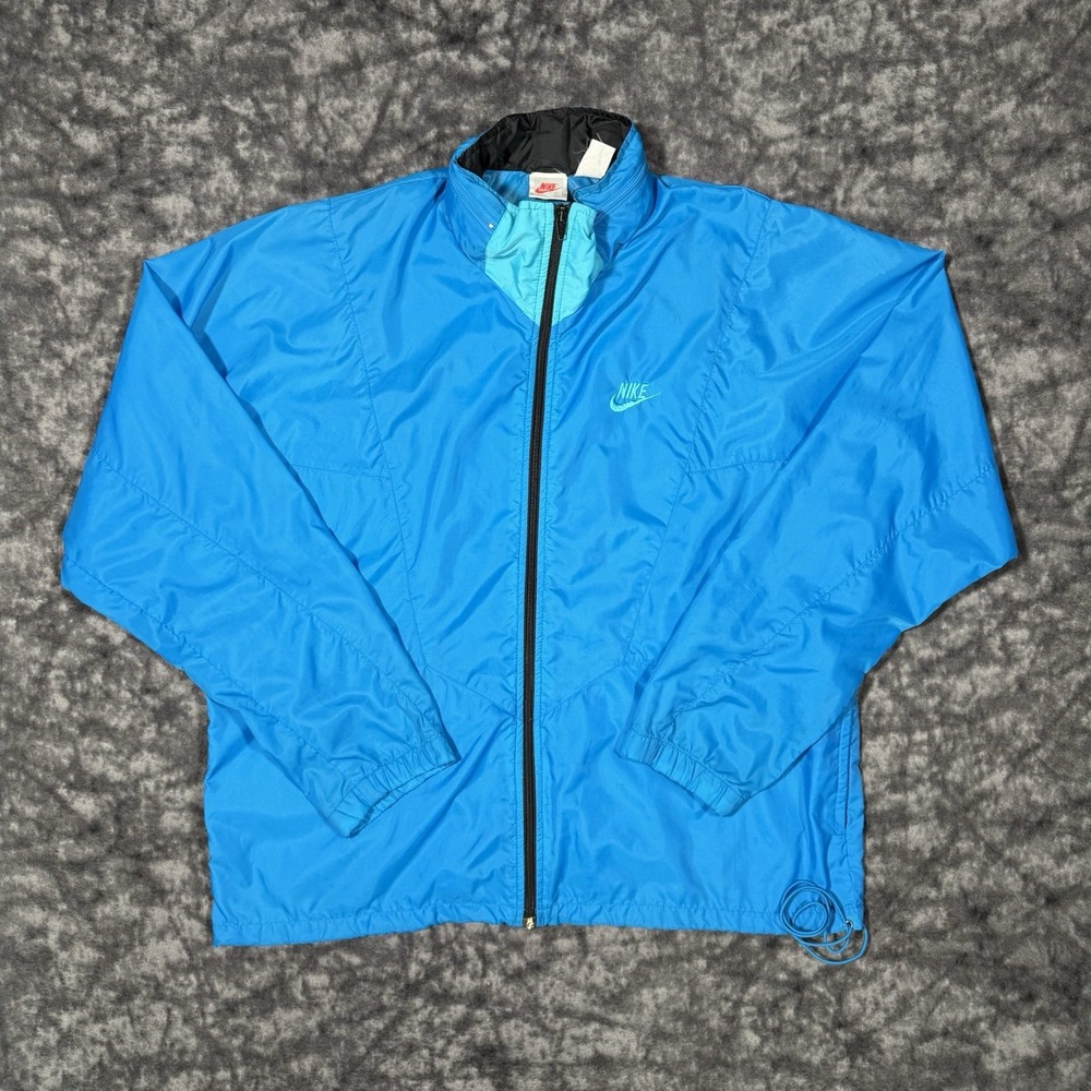 Vintage Nike Windbreaker Zip Up Jacket Mens L Blue Packable Hood 80s 90s RN56323